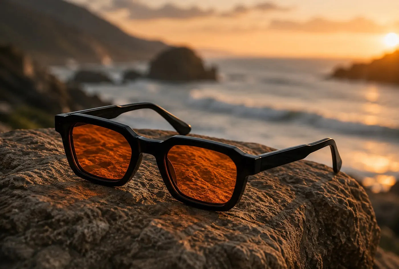 Lunettes de soleil BORAÏA posées sur un rocher face à l'océan au coucher du soleil